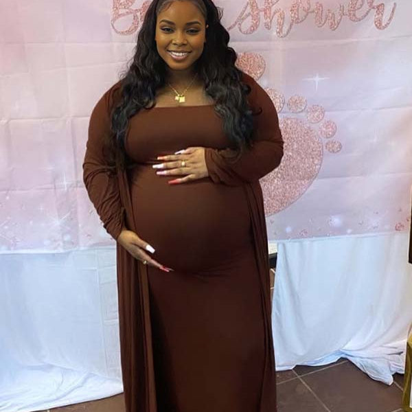 Momnfancy Coffee Bandeau Cardigan 2-in-1 Bodycon Plus Size Baby Shower Maternity Maxi Dress