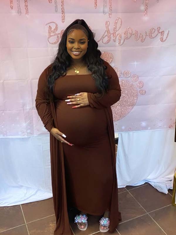 Momnfancy Coffee Bandeau Cardigan 2-in-1 Bodycon Plus Size Baby Shower Maternity Maxi Dress