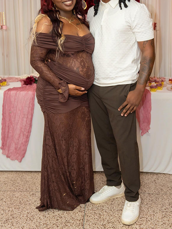 Momnfancy Brown Off Shoulder Lace Ruched Mermaid Bodycon Long Sleeve Baby Shower Maternity Maxi Dress