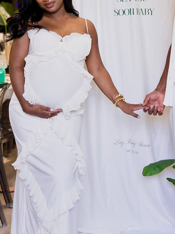 Momnfancy White Tulle Splicing Ruffle Spaghetti Strap Backless Cami Bodycon Party Baby Shower Maternity Maxi Dress