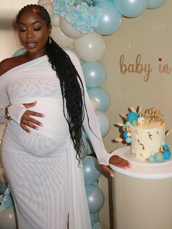 Momnfancy White Mesh Irregular Ruched Draped Off Shoulder Bodycon Baby Shower Maternity Maxi Dress