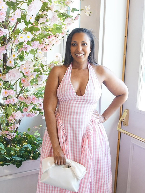 Momnfancy Halter Neck Plaid Flowy Photoshoot Party Maternity Dress