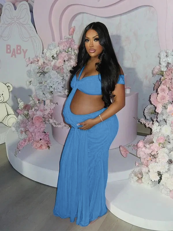Momnfancy Blue Mesh Off Shoulder Ruched Cut Out Bodycon Evening Gown Baby Shower Maternity Maxi Dress