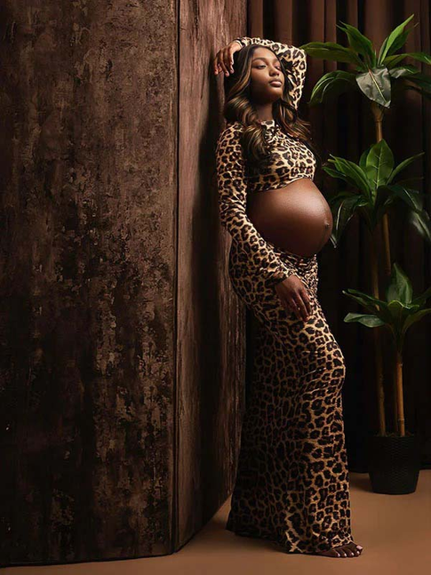 Momnfancy Lepoard 2-in-1 Bodycon Photoshoot Maternity Maxi Dress