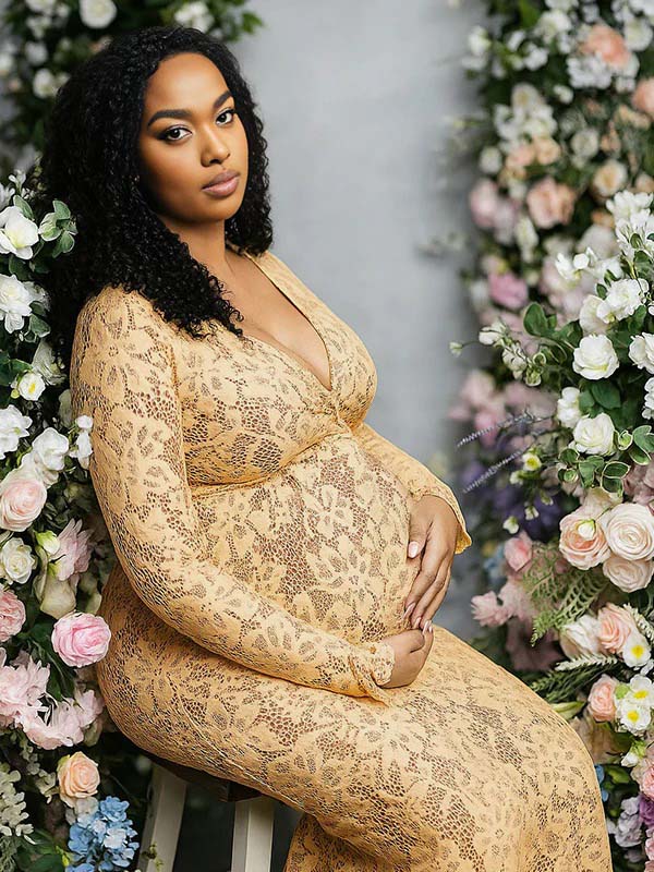 Momnfancy Yellow Lace V-neck Flare Sleeve Plus Size Elegant Maternity Maxi Dress