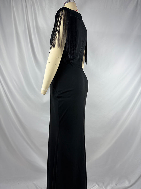 Momnfancy Black Tassel Fringe Cross Chest Mermaid Plus Size Elegant Maternity Maxi Dress