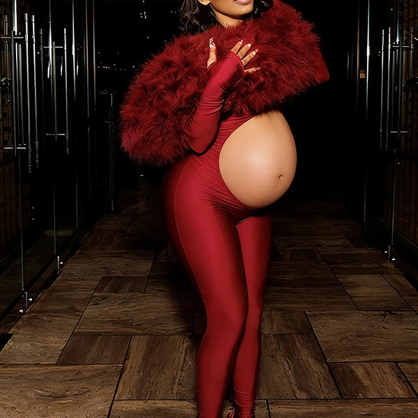 Momnfancy Off Shoulder Cut Out Fluffy Fuzzy Crop Bodycon Long Sleeve Party Evening Baby Shower Maternity Jumpsuit