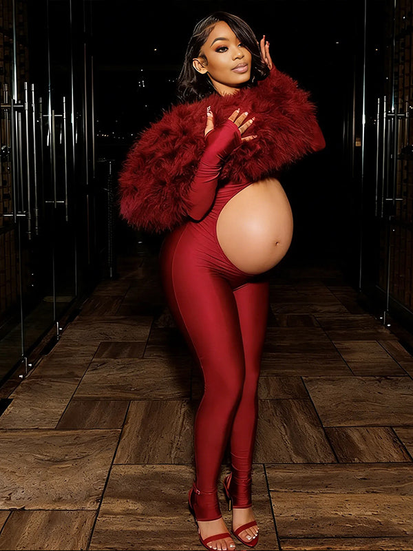 Momnfancy Off Shoulder Cut Out Fluffy Fuzzy Crop Bodycon Long Sleeve Party Evening Baby Shower Maternity Jumpsuit