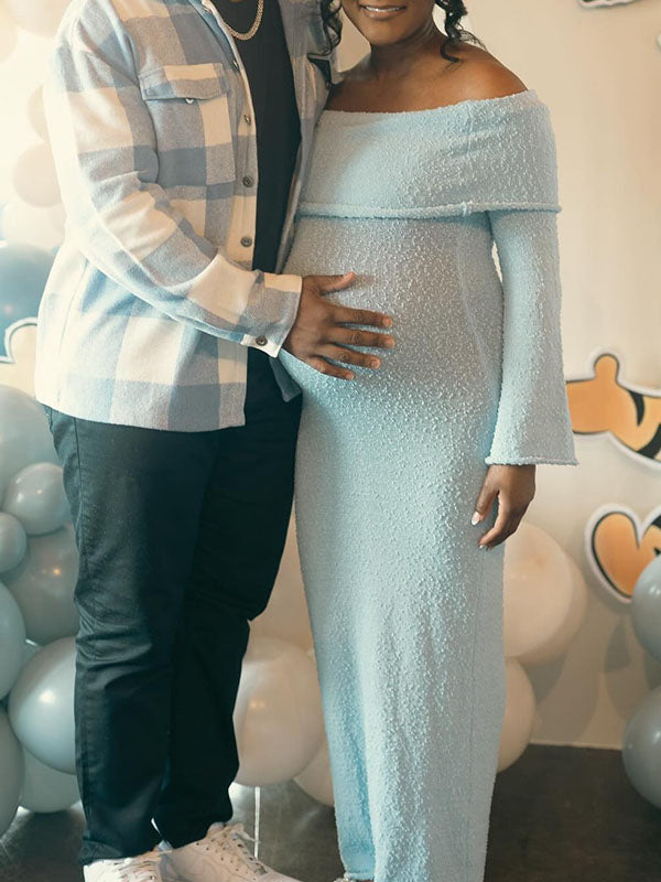 Momnfancy Blue Knitted Off Shoulder Bodycon Flare SleeveBaby Moon Maternity Baby Shower Maxi Dress