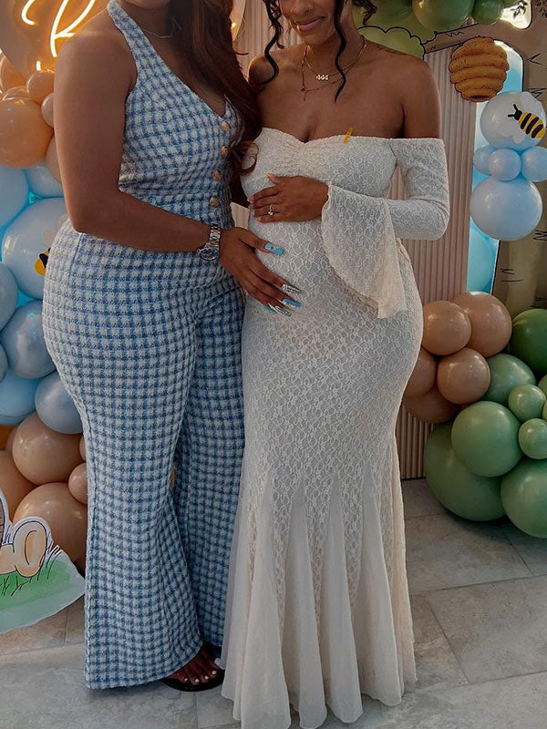 Momnfancy Lace Off Shoulder Mermaid Bodycon Baby Shower Maternity Maxi Dress