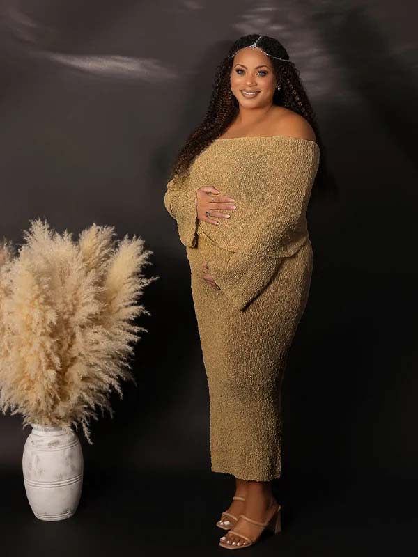 Momnfancy Solid Color Off Shoulder Knitwear Bodycon Baby Shower Maternity Maxi Dress