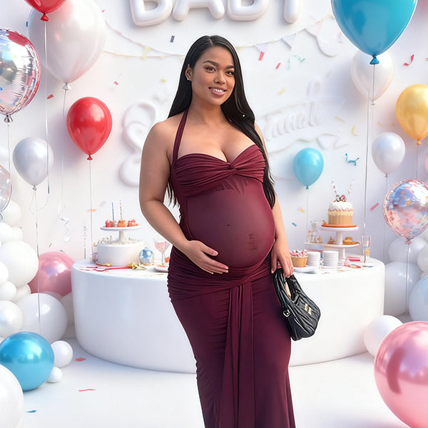 Momnfancy Halter Neck Mermaid Bodycon Sheer Ruched Maternity Maxi Dress