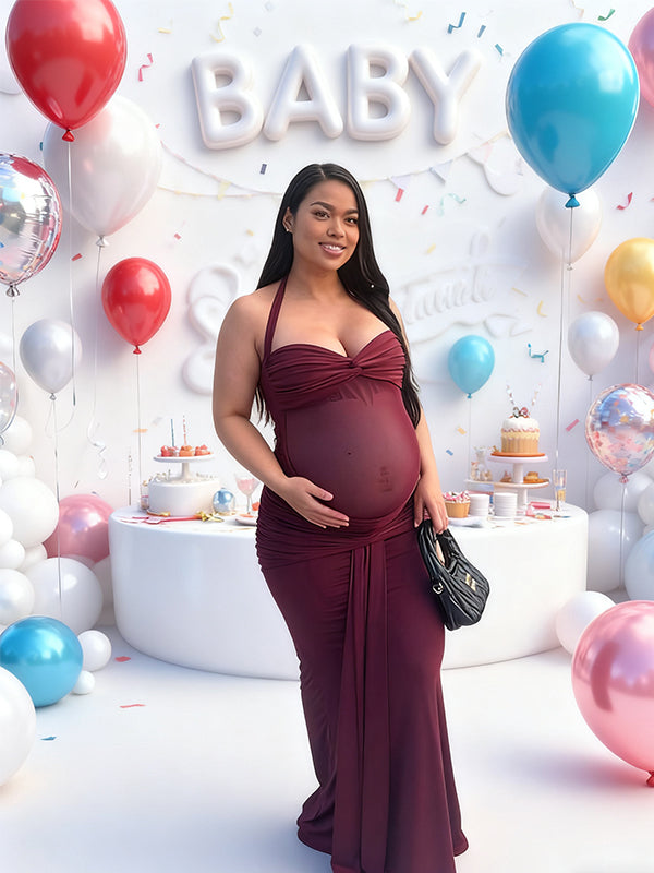 Momnfancy Halter Neck Mermaid Bodycon Sheer Ruched Maternity Maxi Dress