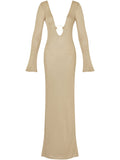 Momnfancy Backless Buckles Deep V-neck Knitting Long Sleeve Elegant Photoshoot Maternity Maxi Dress