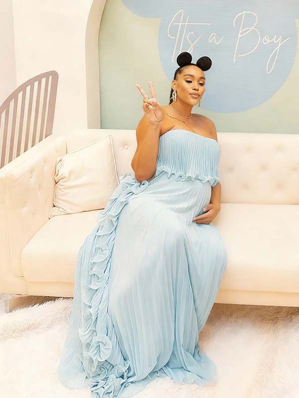 Momnfancy Tube Top Ruched Falbala Big Swing Baby Shower Maternity Maxi Dress