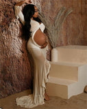 White Ruffle Cut Out Crop Irregular Split Sheer Maternity Maxi Dress