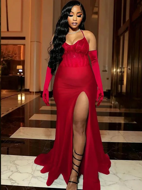 Momnfancy Sequin Off Shoulder Atain Halter Neck Side Slit Mermaid Evening Gown Maternity Maxi Dress
