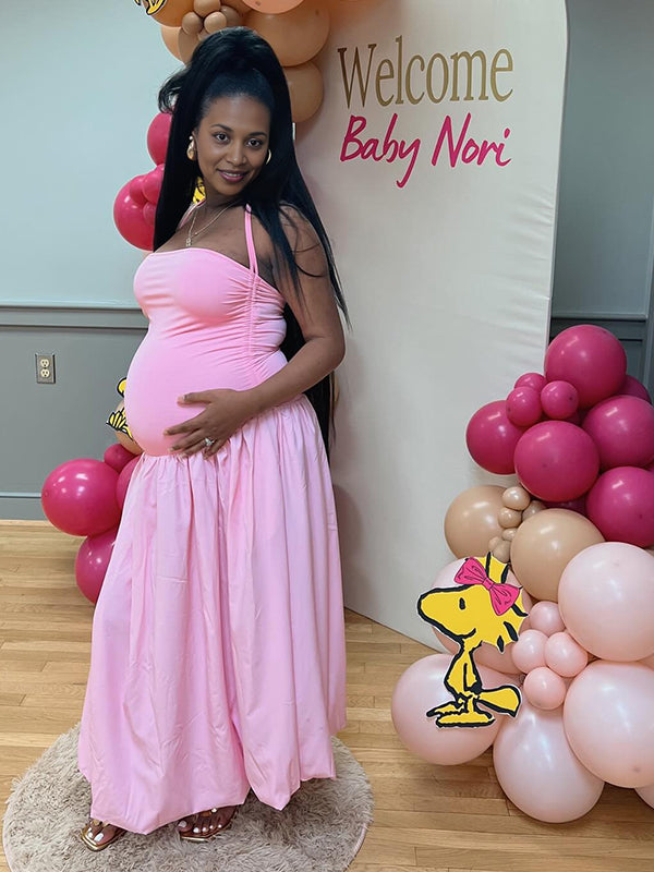 Momnfancy Ruched Adjustable Strap Big Swing Babyshower Maternity Maxi Dress