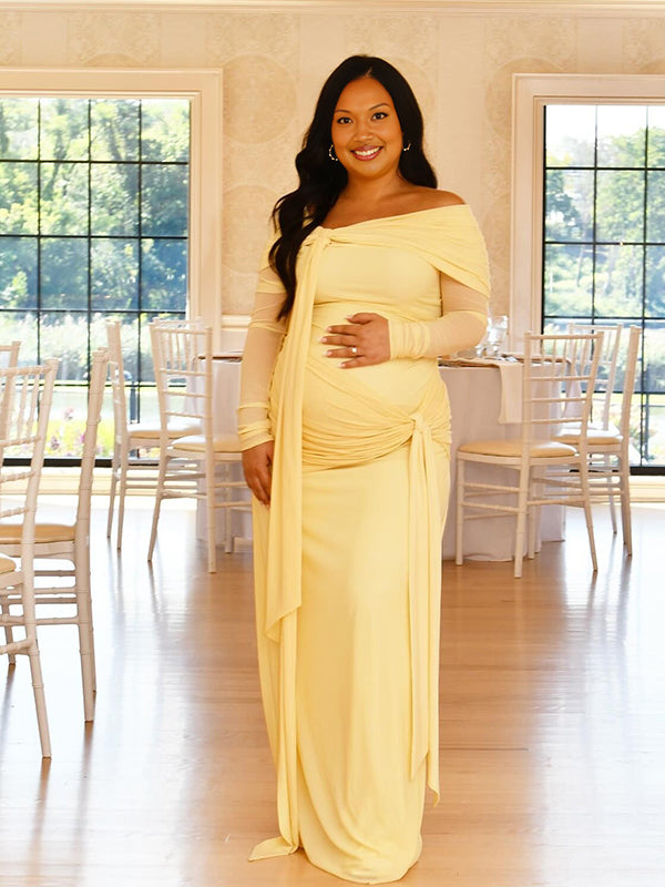 Momnfancy Boat Neck Ruched Bodycon Sheer Twist Photoshoot Maternity Maxi Dress
