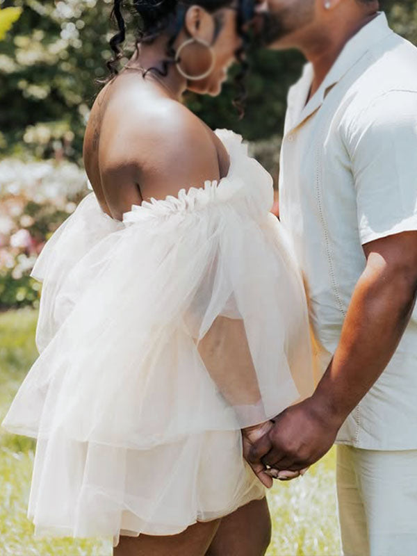 Momnfancy Romantic Cascading Ruffle Off Shoulder Tulle Baby Shower Party Mesh Pricess Pregnant Maternity Mini Dress
