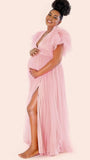 Momnfancy Ruffle Tulle Split Joint V-Neck Trailing Puffy Plus Size Photoshoot Formal Maternity Maxi Dress
