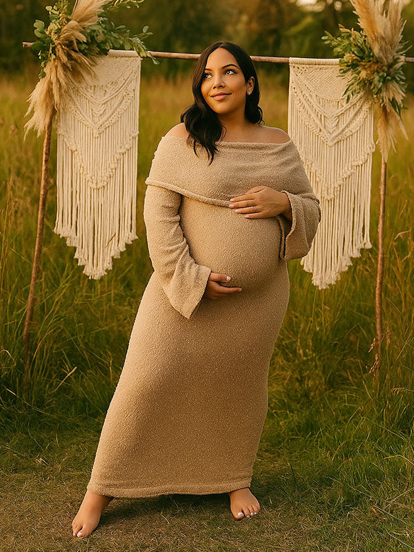 Momnfancy Solid Color Off Shoulder Knitwear Bodycon Baby Shower Maternity Maxi Dress