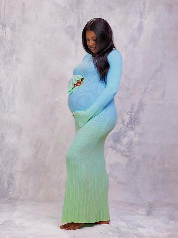Momnfancy Light Blue Hit Color Flare Sleeve Mermaid Elegant Photoshoot Baby Shower Maternity Maxi Sweater Dress