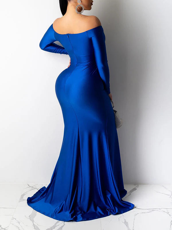 Momnfancy Blue Off Shoulder Long Sleeve High Split Bodycon Solid Baby Shower Party Gown Maternity Maxi Dress