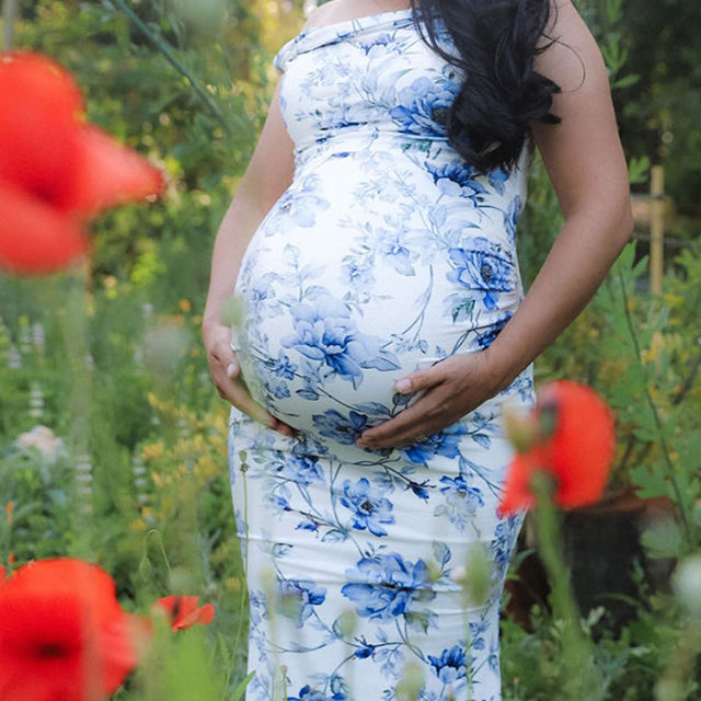 Momnfancy Blue Floral Off Shoulder Mermaid Maternity Baby Shower Maxi Dress