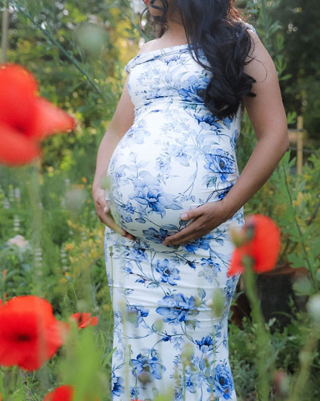 Momnfancy Blue Floral Off Shoulder Mermaid Maternity Baby Shower Maxi Dress
