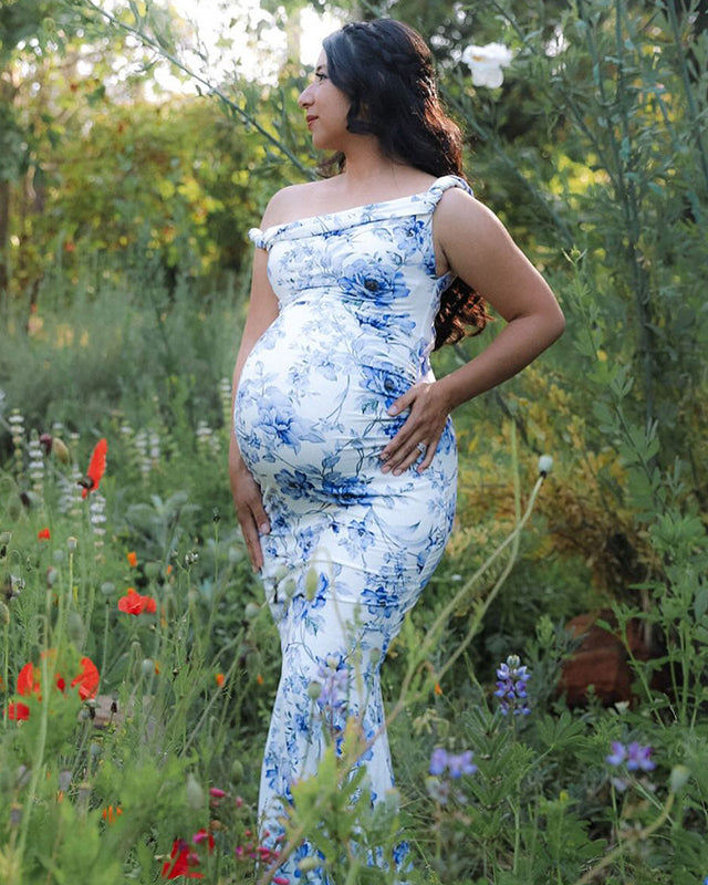 Momnfancy Blue Floral Off Shoulder Mermaid Maternity Baby Shower Maxi Dress