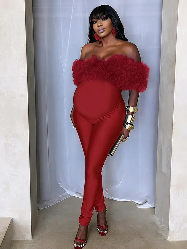 Momnfancy Off Shoulder Fluffy Fuzzy Bodycon Cap Sleeve Party Evening Baby Shower Maternity Jumpsuit