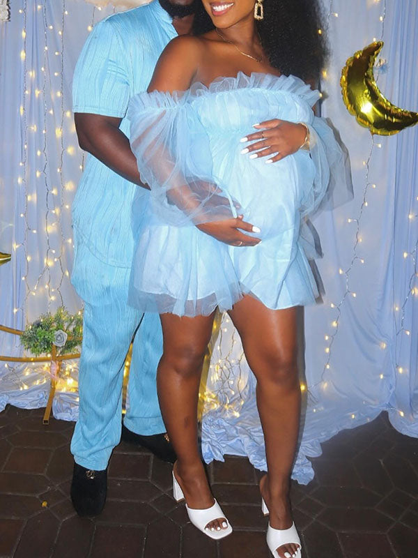 Momnfancy Off-Shoulder Tulle Tutu Bandeau Maternity Dress
