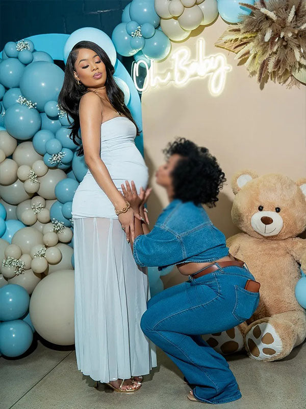 Momnfancy Light Blue Mesh Off Shoulder Ruched Baby Shower Maternity Maxi Dress