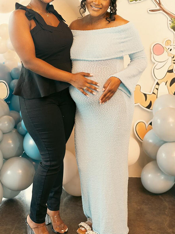 Momnfancy Blue Knitted Off Shoulder Bodycon Flare SleeveBaby Moon Maternity Baby Shower Maxi Dress