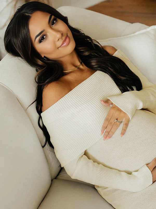Momnfancy Off Shoulder Knit Bodycon Mermaid Going Out Baby Shower Maternity Sweater Maxi Dress