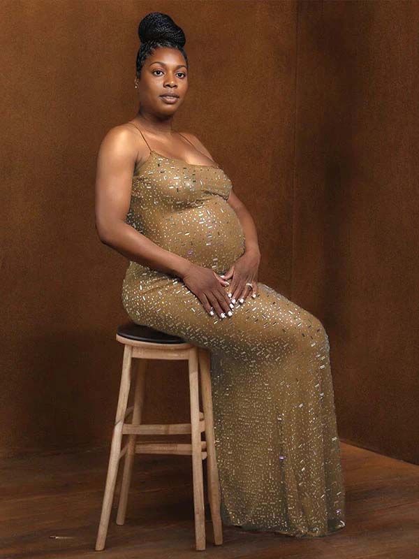 Momnfancy Mesh Rhinestone Spaghetti Strap Bodycon Photoshoot Maternity Maxi Dress