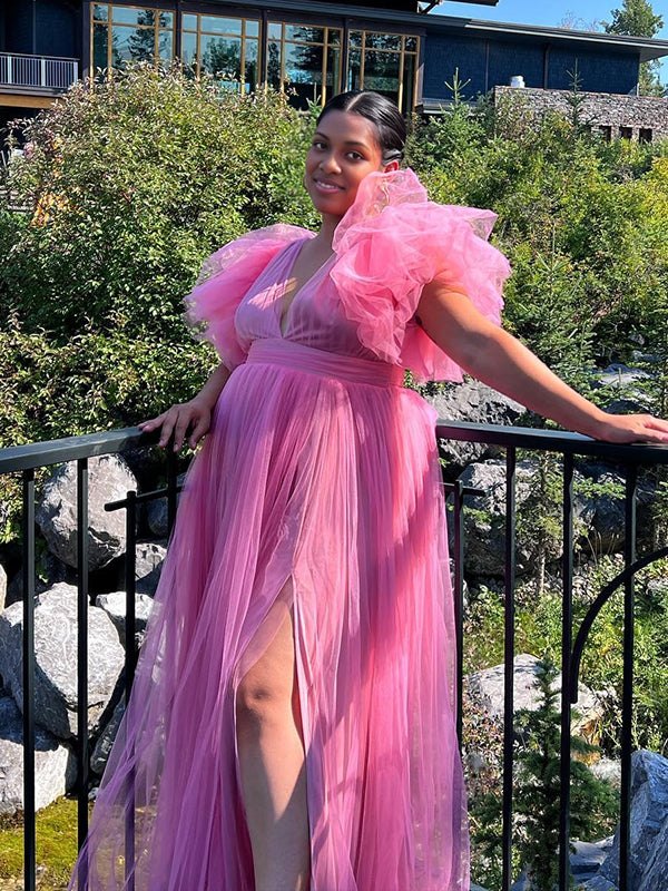 Momnfancy Pink Tulle Ruffle Swing V-neck Maternity Photoshoot Maxi Dress