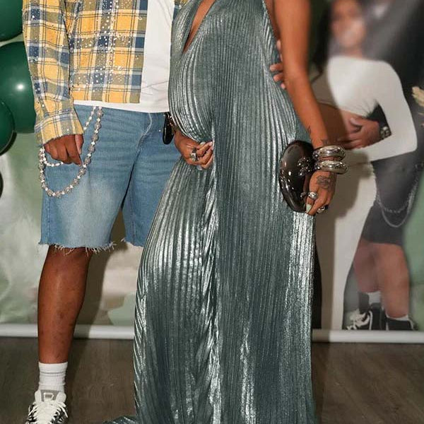 Momnfancy Sliver Halter Neck Pleated Backless Evening Party Gown Baby Shower Maternity Maxi Dress