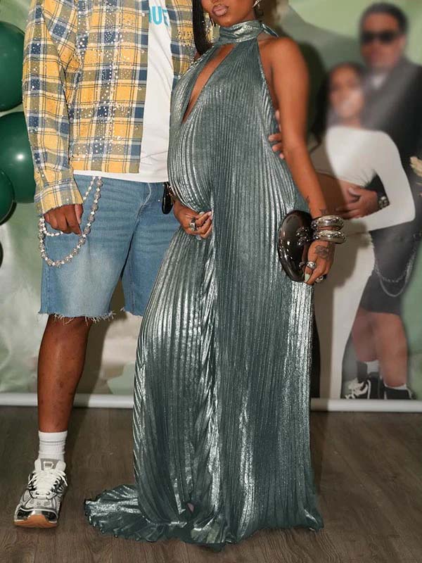 Momnfancy Sliver Halter Neck Pleated Backless Evening Party Gown Baby Shower Maternity Maxi Dress