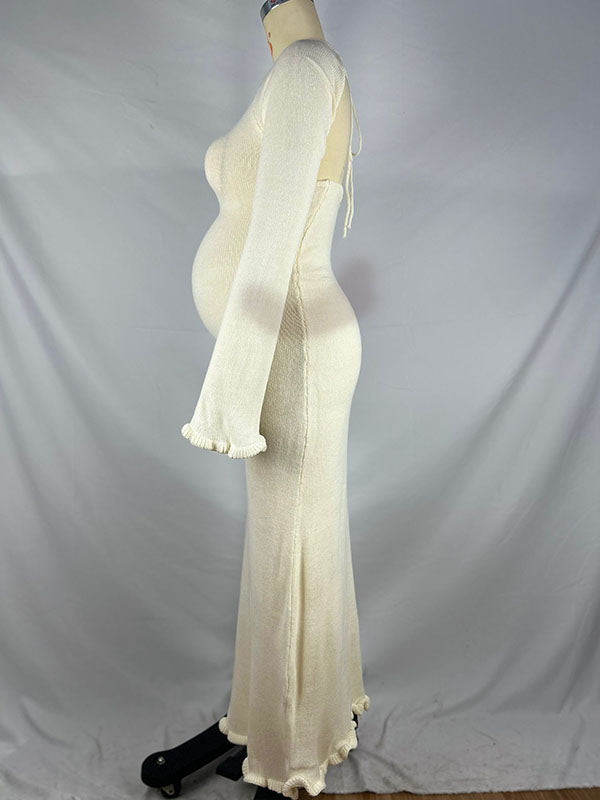 Momnfancy Ruffle Backless Tie Flare Sleeve Mermaid Bodycon Elegant Photoshoot Maternity Maxi Sweater Dress