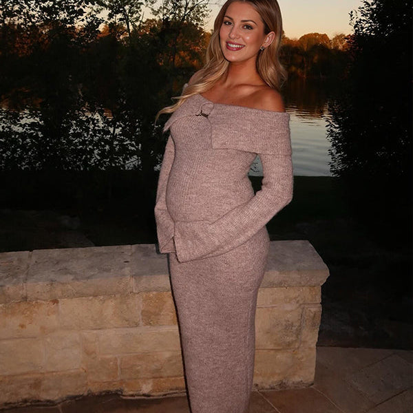 Momnfancy Off Shoulder Fluffy Knit Bardot Neckline Flare Sleeve Bodycon Elegant Going Out Party Maternity Photoshoot Baby Shower Maxi Sweater Dress
