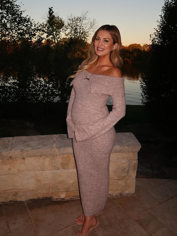 Momnfancy Off Shoulder Fluffy Knit Bardot Neckline Flare Sleeve Bodycon Elegant Going Out Party Maternity Photoshoot Baby Shower Maxi Sweater Dress