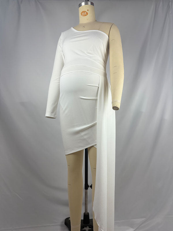 Momnfancy White Oblique Shoulder Irregular Side Draped Bodycon Backless Party Baby Shower Maternity Mini Dress