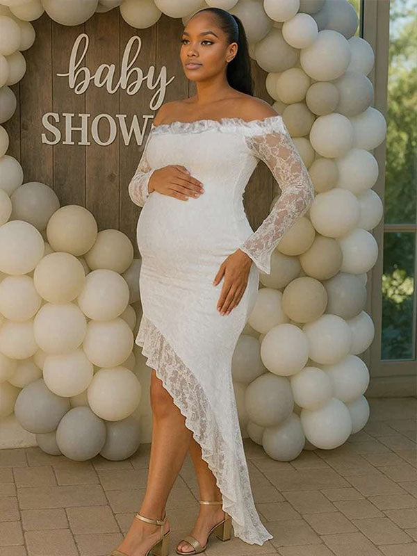 Momnfancy White Lace Off Shoulder Ruffle Side Slit Irregular Bodycon Baby Shower Maternity Maxi Dress