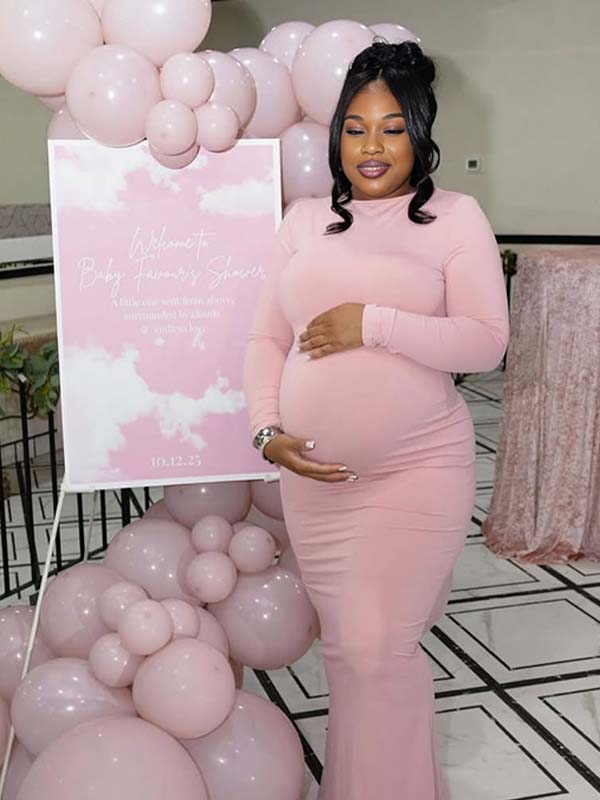 Momnfancy Pink Asymmetrical Bodycon Long Sleeve Basic Plus Size Baby Shower Maternity Maxi Dress