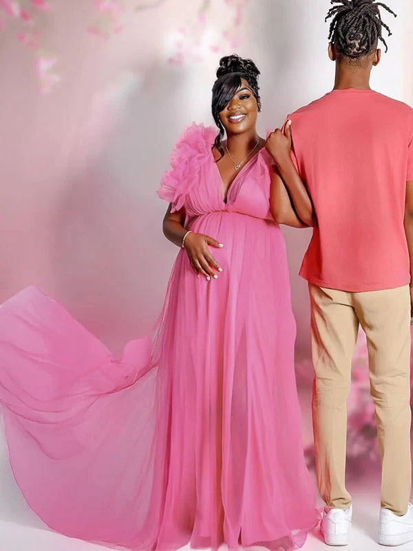 Momnfancy Pink Tulle Ruffle Swing V-neck Maternity Photoshoot Maxi Dress