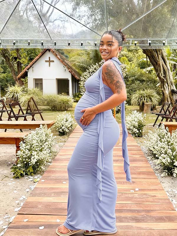 Momnfancy Halter Neck Ribbon Bodycon Ruched Baby Shower Maternity Maxi Dress