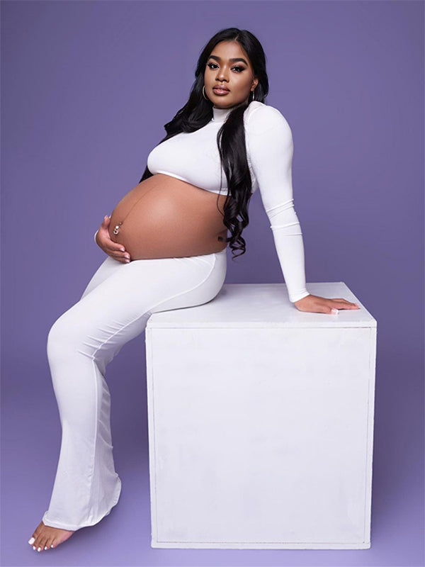 Momnfancy Solid Color Ruffle High Neck Crop Top 2-in-1 Long Sleeve Bodycon Club Party Photoshoot Maternity Maxi Dress