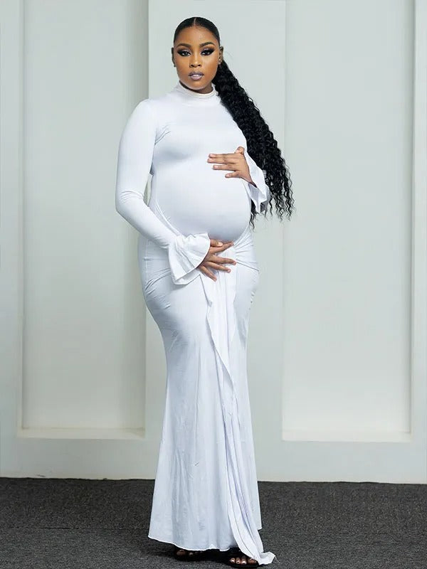 Momnfancy White Ruched Draped Lace-up Flare Sleeve Mermaid Bodycon Photoshoot Maternity Maxi Dress
